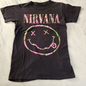 Tultex Nirvana Black Tshirt With Floral Smiley Face Graphic Size Small